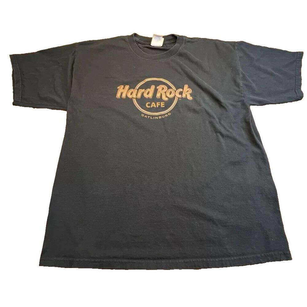 VTG Hard Rock Shirt Black Tee Mens XL 90s Leather Spell Out Gaitlinburg Tshirt